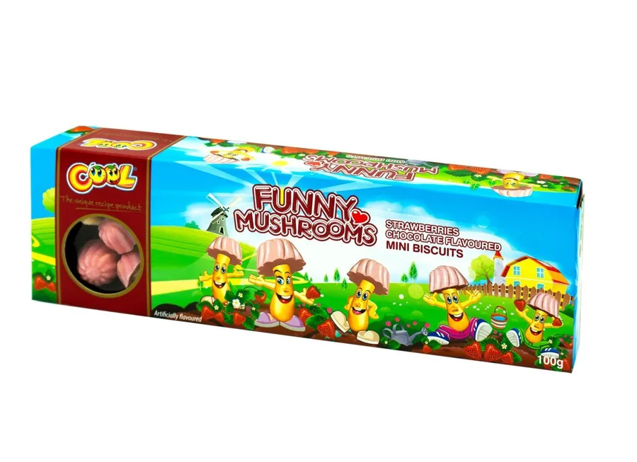 Cool Funny Mushrooms Strawberry Chocolate Flavour Mini Biscuits 100g