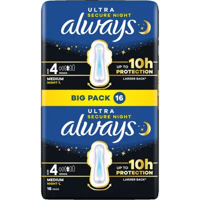 always Ultra Secure Night size 4 with wings 16 pads